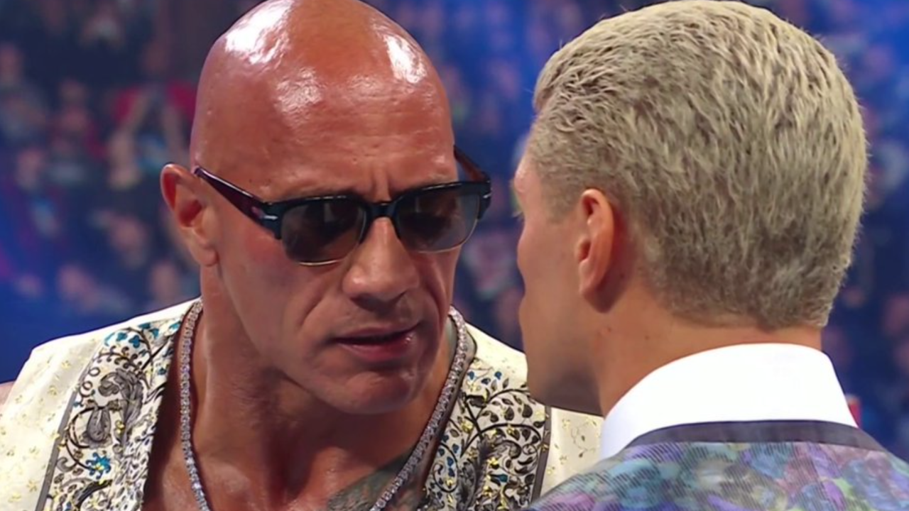 The Rock whispers something to Cody Rhodes on WWE Raw (3/25/2024)